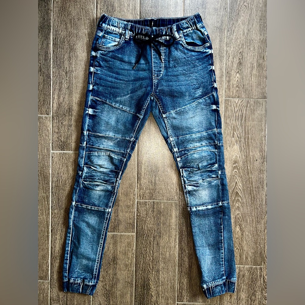 Jeanology Moto Skinny Jeans Drawstring Waist Stretch Denim Jogger Cuff Size 28